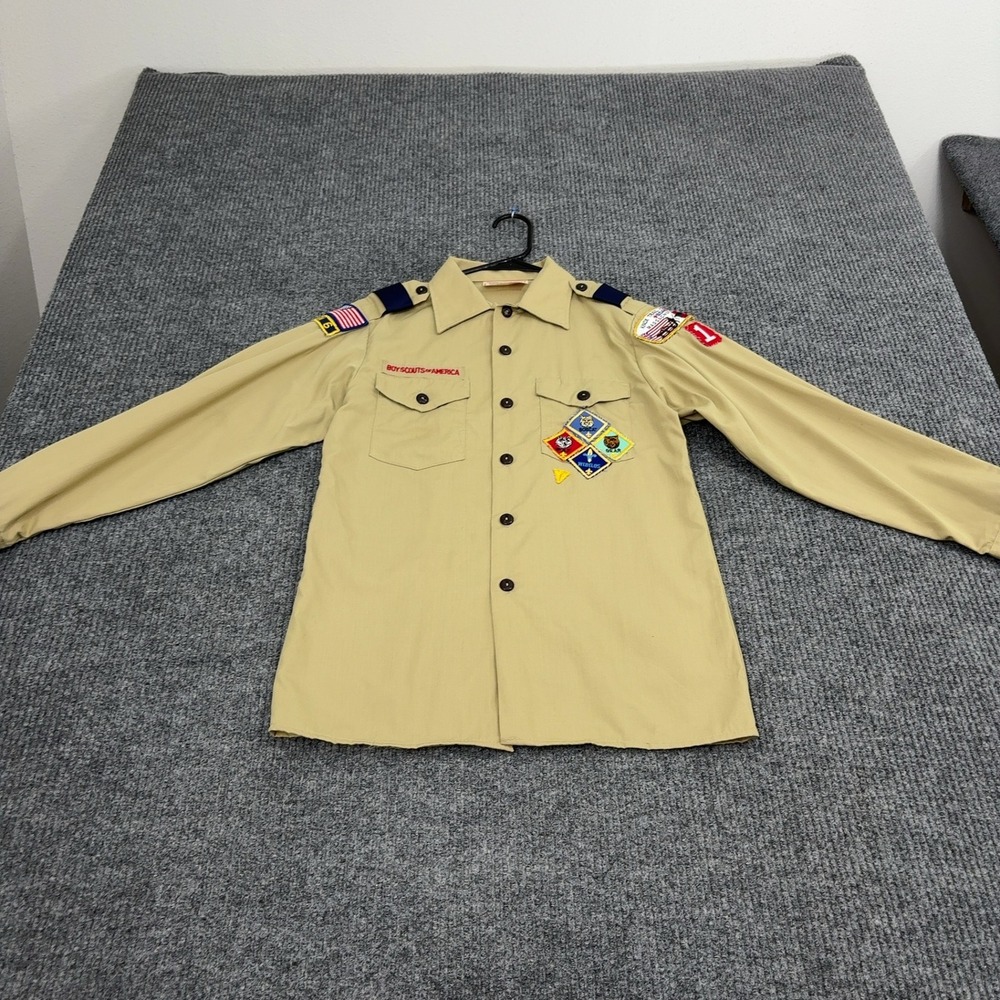 Vintage Boy Scouts of America Shirt Youth LG Tan Poly Cotton Patches Americana